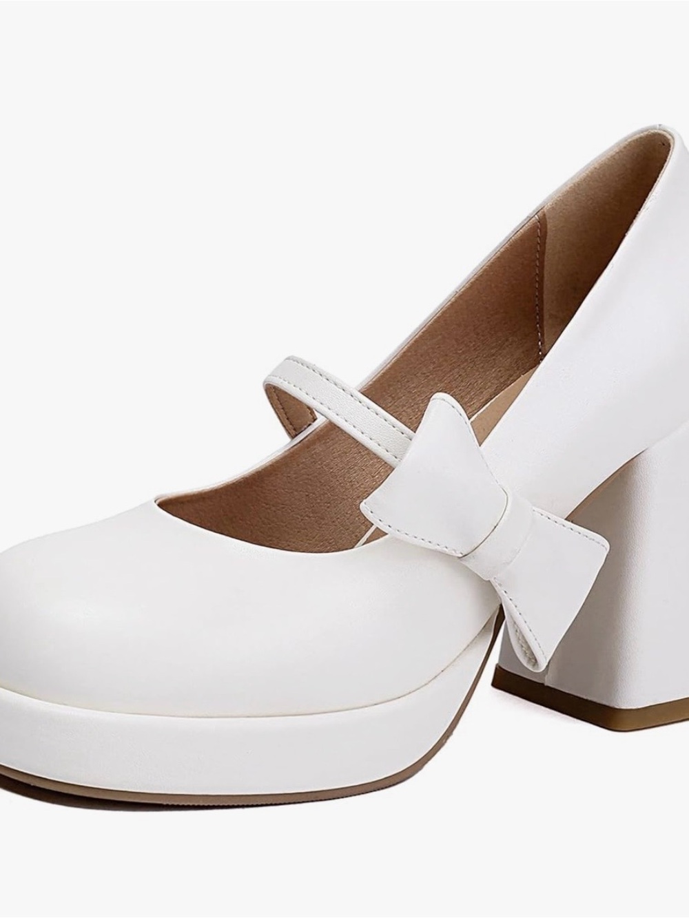 Elegant White Mary Jane Block Heels with Bow Accent